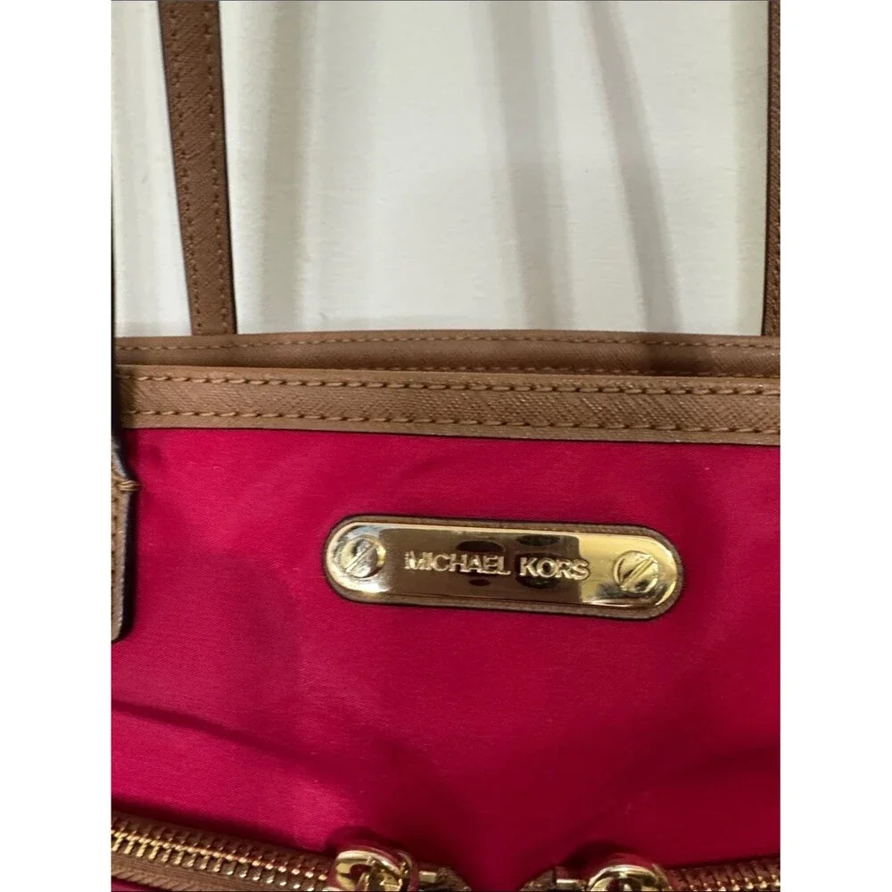 Michael Kors Kempton Nylon Tote Red Tan Leather Trim Travel Casual Contemporary